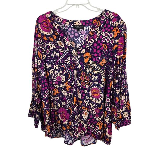 Rachel Zoe Tops - Rachel Zoe Floral Popover Top 3/4 Notch Neck Purple Orange Boho Causal Flowy 1X